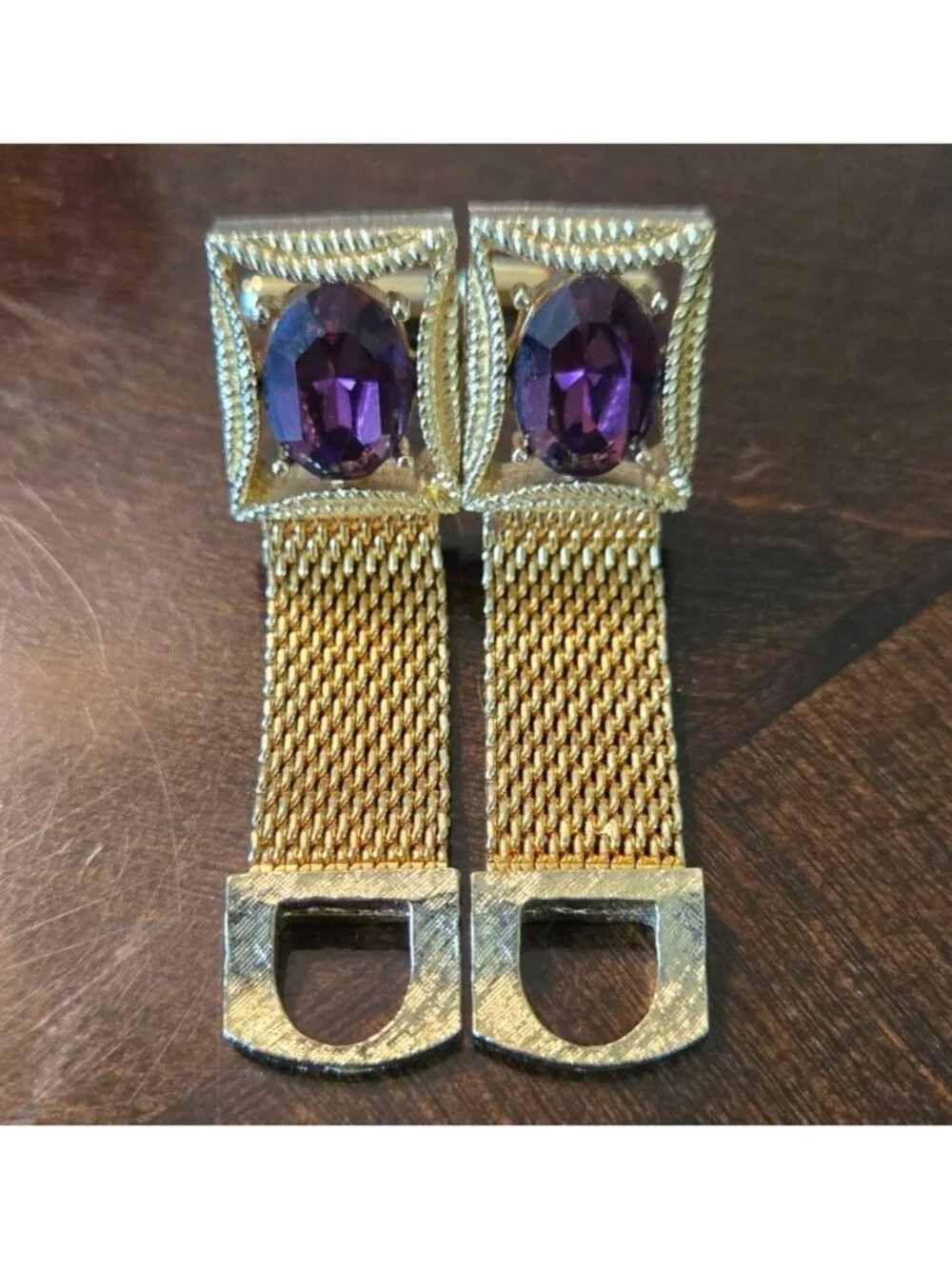 Vtg Swank Gold Tone Mesh Wrap Cufflinks Amethyst Purple Glass MCM Boxed